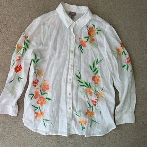J JILL Linen White Floral Embroidered Button Up M petite